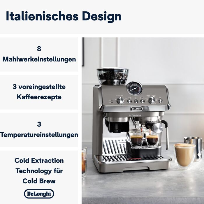 De'Longhi La Specialista Arte Evo EC9255.T Semi-automatic espresso machine with grinder, cold brew function, 8 grind settings, 15 bar, 3 temperatures, milk frothing wand, titanium finish, including barista kit. With Cold Brew function, espresso machine, titanium.