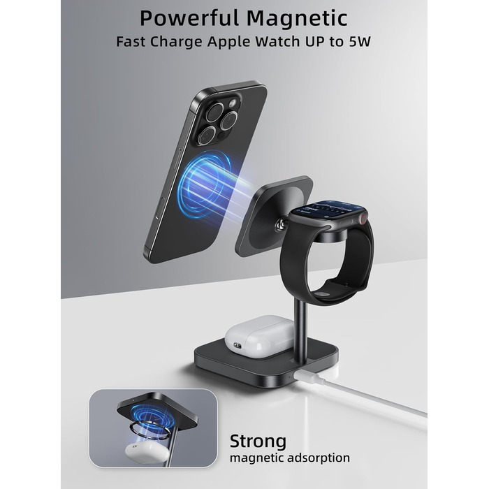 LULULOOK Qi2 Магсейф Зарядна Станція 3 в 1 з Алюмінію для Apple Watch та iPhone, 15W Швидка Зарядка (17 Pro Max/17 Pro/17 Air/17), 5W для Apple Watch Ultra, AirPods, Титан (Сірий)