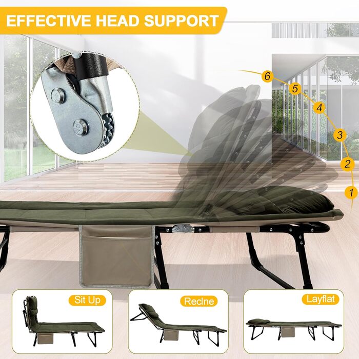 Розкладне ліжко-крісло для кемпінгу з матрацом, 6 положень спинки, ліжко для риболовлі, Outdoor ліжко XXL, 65x190x30 см, 1-місне, для відпочинку на природі