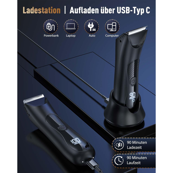 Електричний триммер для чоловіків 3-в-1 Intimrasierer: для носа, обличчя, тіла. Вологостійкий (IPX7), з зарядною станцією. Чорний