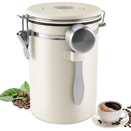 Герметичний контейнер для кави 1.8L з нержавіючої сталі 304 з датою розкриття та мірною ложкою для кави, зерен, чаю, борошна, зерна та цукру (білий)