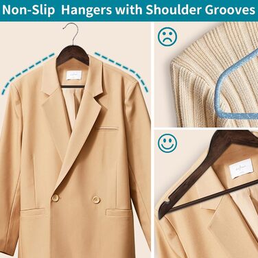 ABHENG Clothes Hangers, Wood, 20 Pieces, Wooden Hangers with Non-Slip Trouser Bar and 360° Swivel Hook, Shoulder Notches, Made from Natural Wood, Dark Walnut Color, AWY0320H