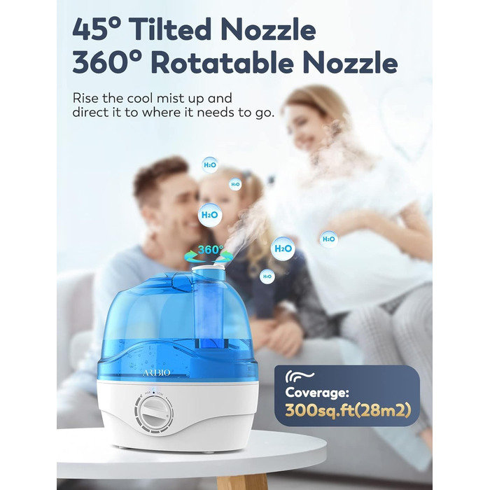 Зволожувач повітря 2.2L для спальні з обертовою насадкою 360°, тихий 28dB, автовимкнення, до 24 годин роботи, легкий у чищенні, для кімнати, дитячої кімнати, рослин
