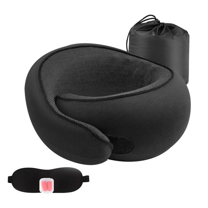 Подушка для подорожей з піни Memory Foam, набір (маска для сну, беруші), U-подібна подушка для шиї в літак, авто, офіс (Рожево-Чорний)