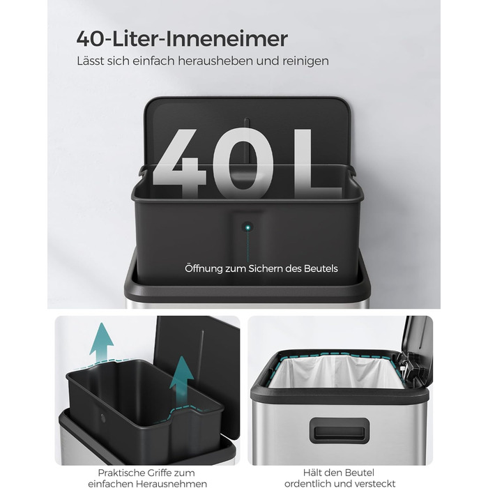 Відро для сміття SONGMICS 40 л з кришкою, педальним механізмом, Soft-Close, утримуванням кришки, срібне, LTB541E40