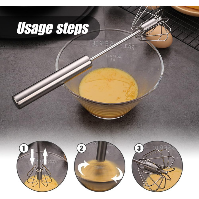 Semi-Automatic Stainless Steel Egg Beater, Semi-Automatic Egg Beater, Semi-Automatic Stainless Steel Egg Beater, Rotating Push Mixer Whisk for Whipping, Beating, Stirring (3PCS)