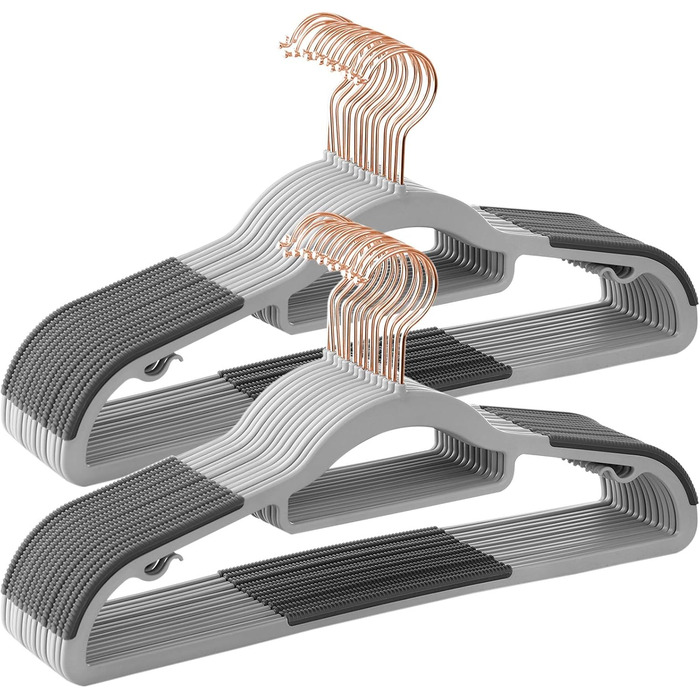 SONGMICS Clothes Hangers, 30-Piece Set, Plastic Hangers, Non-Slip, Space-Saving, 0.5 cm Thick, 42 cm Long, 360° Swivel Hook in Rose Gold, Light Gray-Dark Gray CRP020G01
