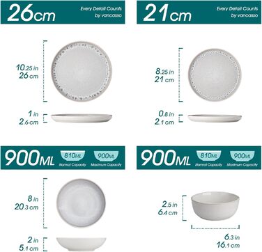 Набір посуду на 6 осіб vancasso SNOW, 24 елементи: тарілки, супові тарілки, миски, салатники, бежевий, для посудомийної машини, для мікрохвильової печі