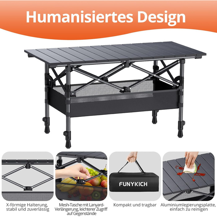 Складаний туристичний стіл FUNYKICH 82x40 см з регулюванням висоти (44/70 см), з сітчастою кишенею, для пікніка, кемпінгу, BBQ, саду