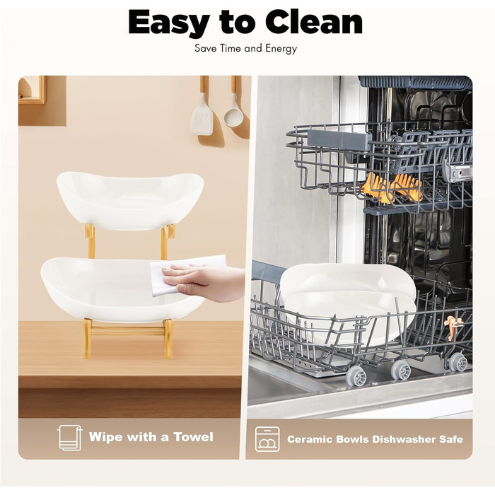 Керамічна фруктова тарілка-етажерка на 2 яруси MEESOGA з бамбуковою підставкою для кухні | Фрукти, овочі, снеки