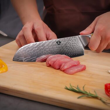 Японський кухонний ніж Santoku WILDMOK 17 см з дамаської сталі VG10, жовтий ергономічний руків'я для дому та ресторану