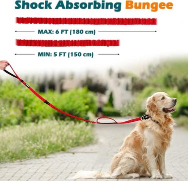 Тактична повідок для собак PetBonus Heavy Duty, 1,5м, еластична, з двома м'якими ручками, страхувальний ремінь для авто, навчальна повідок No Pull для великих та середніх собак (Армійний зелений, Червоний)