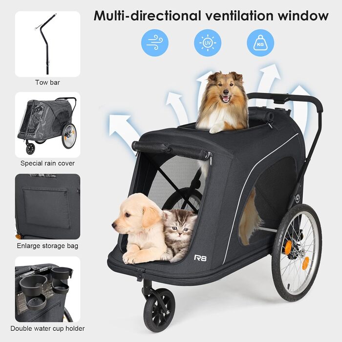 Beberoad 2-в-1 Причіп для собак на велосипед та візок, складаний для тварин до 45 кг, R8 (Чорний)