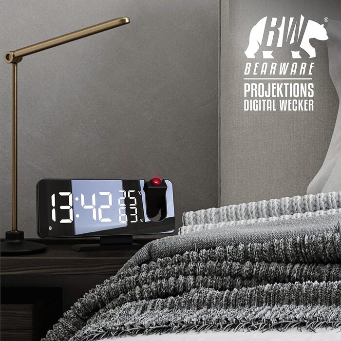 CSL - Digital Radio Alarm Clock – Projection Alarm Clock – 7 Buttons – 2 Alarms – Projection and Light – Auto Dimmer - 15 FM Radio Stations Memory – Temperature and Humidity Display - with Power Adapter