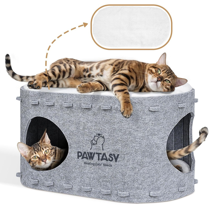 Felt Cat Cave Bed Cat House for Indoor Cats, Cave with 2 Soft and Warm Cushions, Winter-Proof, Protects Cat Claws, 58W x 33D x 30H cm, (Gray)