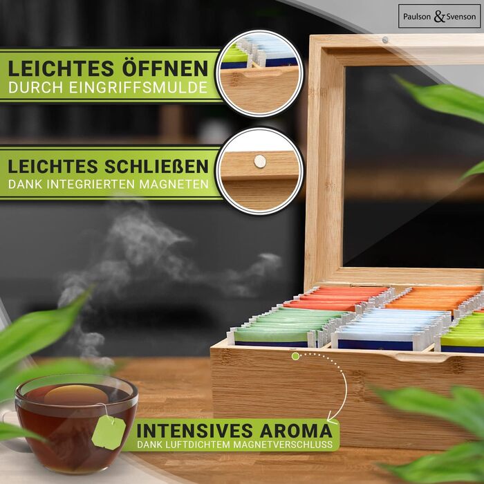 Paulson & Svenson® Sustainable Tea Box with 8 Compartments - Tea Bag Storage Made of Certified Bamboo Wood with Airtight Magnetic Closure and Viewing Window