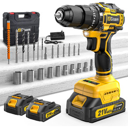 Акумуляторний шуруповерт 21V з набором 2 акумулятори 2.0Ah, 55Nm, 23+3 ступені, 10мм патрон, 2 швидкості, LED-ліхтик, 24шт аксесуарів та кейс для дому та саду