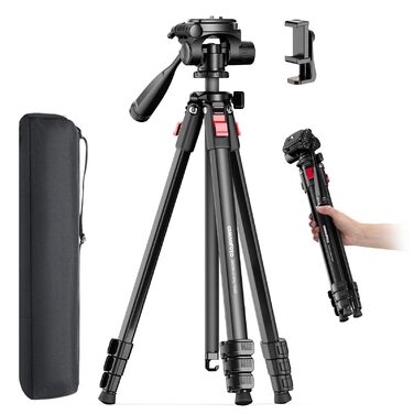 Легкий компактний штатив для камери та смартфона з алюмінію, 173 см, для DSLR/SLR (Canon, Nikon), чорний