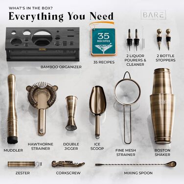 Набір бармена BARE BARREL® Mixology: 16 предметів для приготування коктейлів | Шейкер, мішалки, рецепти | Ідеальний подарунок для дому
