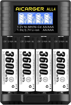 Зарядний пристрій для акумуляторів AA/AAA AICARGER з LCD дисплеєм, 4 слоти, 5V/2A, USB-C, 4 x AA 3600mAh в комплекті