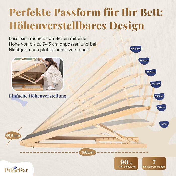 Східці для собак до ліжка з захисним бар'єром - для великих собак до 90 кг - регульована висота до 94.5 см - ширина 49.5 см - складаються - антиковзке покриття - з натурального дерева (бірча) - колір натуральний