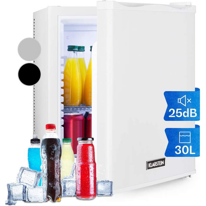 Klarstein Mini Fridge - 23L Compact Refrigerator for Drinks & Cosmetics - Quiet Mini Bar with Adjustable Shelf - Skincare Fridge 5-15°C (White)