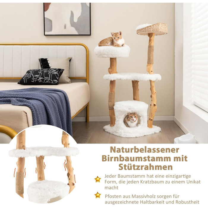 Кігтеточка для котів COSTWAY 124 см з будиночком, платформою та джутовими стовпчиками, з масиву дерева, біла