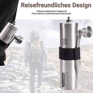 NOUTEN® Преміум ручна кавомолка з керамічним жорном - компактна кавомолка з сумкою та кріпленням для подорожей, плавне регулювання помелу