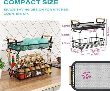 3-Tier Fruit Basket with 2 Banana Hangers for Kitchen Countertop, Vegetable Countertop, Storage Holder, Large Capacity, Metal Wire, Fruit Stand, Organizer for Onion, Snack, Black (Black-2 Tiers (with Banana Hangers))