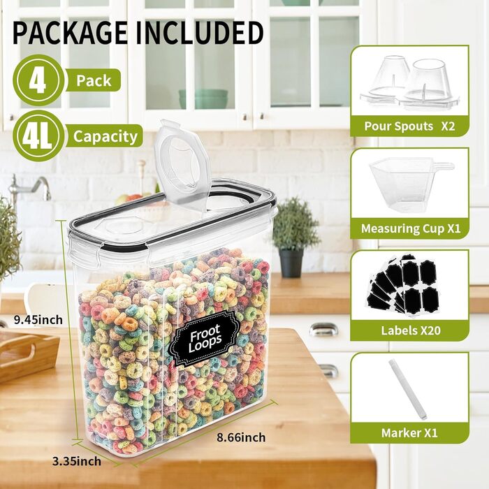 Skroam 4L Storage Containers Set with 4, Cereal Dispenser & Airtight Freshness Containers, BPA-free Plastic Storage Containers, for Grains, Flour, Sugar