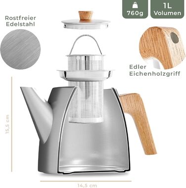 WALDWERK Teapot with Infuser - Teapot Thermal Double-Walled - Teapot with Strainer made of 304 Stainless Steel - Tea Maker with Genuine Oak Wood Handles - Tea Pot 100% Drip-Free
