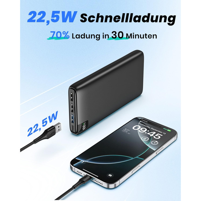 Power Bank Riapow 26800mAh з LED-дисплеєм: зарядка для смартфонів та планшетів, 4 порти USB, 22,5W, чорний