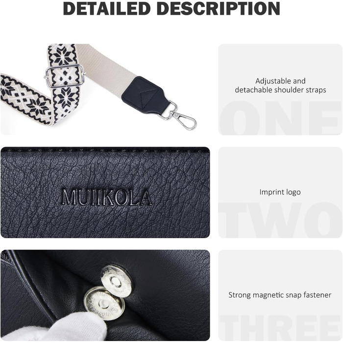 Сумка жіноча через плече MUIIKOLA кросбоді, екошкіра, чорна. Регульований ремінець.