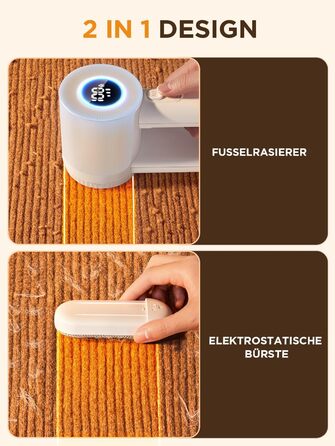 Електричний видальник ворсу 2-в-1 з трьома швидкостями для всіх тканин, з цифровим дисплеєм, 3 леза, USB-C кабель (Білий)