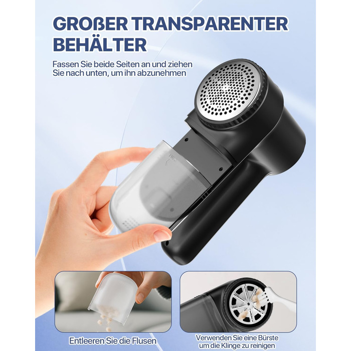 Електричний видалення ворсу Fusselrasierer: USB зарядка 2000mAh, LED-дисплей, 3 режими, 3 змінні насадки для одягу та ковдр (чорний)