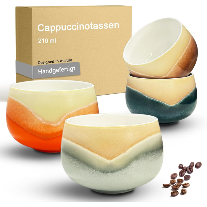 Набір кавових чашок для капучино 4x210мл, бежеві, порцеляна, ручної роботи, без ручки, для лате макіато, сумісність з посудомийною машиною