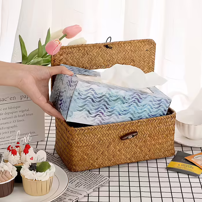 SUMNACON Rectangular Seagrass Cosmetic Tissue Box for Home Decorative Woven Paper Holder Candy Rattan Tissue Box Home Decoration for Bathroom Living Room Office Restaurant Handmade Brown