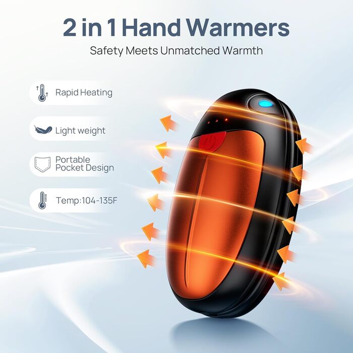 Електричні грілки для рук, набір 2 шт., USB, 20 годин тепла, 3 температурні режими, для спорту та хвороб Рейно, помаранчеві