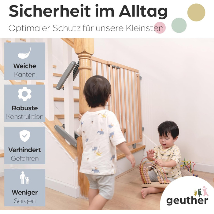Захист для сходів Geuther Oris | Дверний замок для сходів з кріпленням, ширина 67-95 см | Дверний замок з розсувною дверцятами | Дерев'яне дитяче захисне ворота, натуральний лак 67-95 см