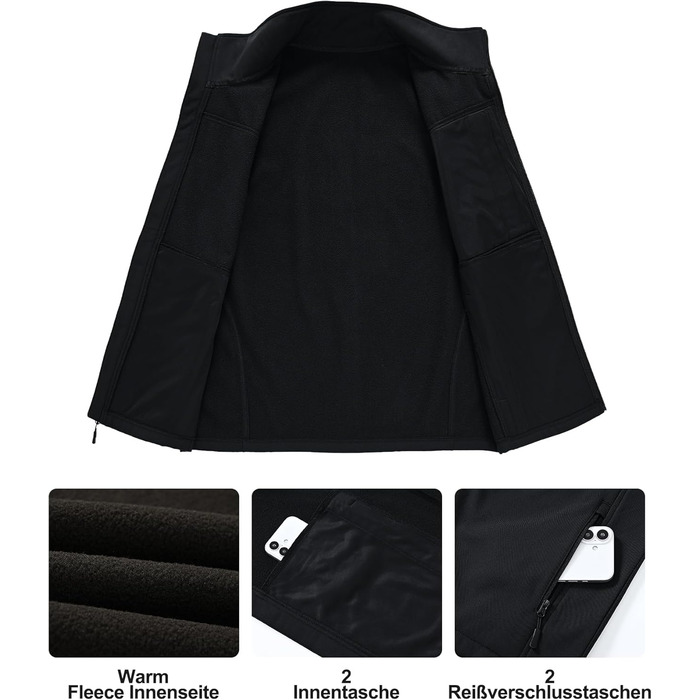 Чоловіча куртка Weste Outdoor з софтшелла, водонепроникна та вітронепроникна, з флісовою підкладкою, для хайкінгу та активного відпочинку (S, Чорний)