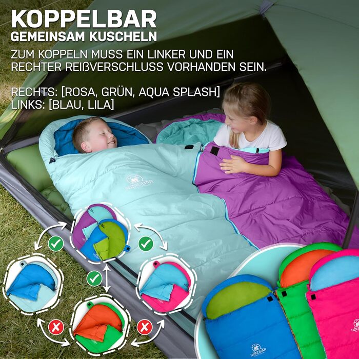 Дитячий спальний мішок для хлопчиків та дівчаток до 145 см | 100% бавовна | Мумійний спальник для кемпінгу | Легкий та теплий [1200г] | Кольори: фіолетовий/бірюзовий