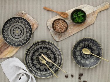 CreaTable MANDALA GOLD: 16-частинний набір посуду з каменю, чорний/золотий, для посудомийної машини та мікрохвильової печі