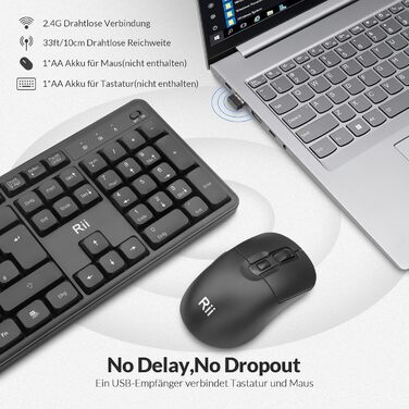 Бездротовий ігровий комплект клавіатури та миші Rii: Bluetooth + 2.4GHz, LED-підсвітка, QWERTZ, для офісу