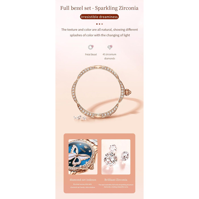 Годинник жіночий OLEVS з діамантами, елегантний, рожеве золото, керамічне скло, блакитний циферблат