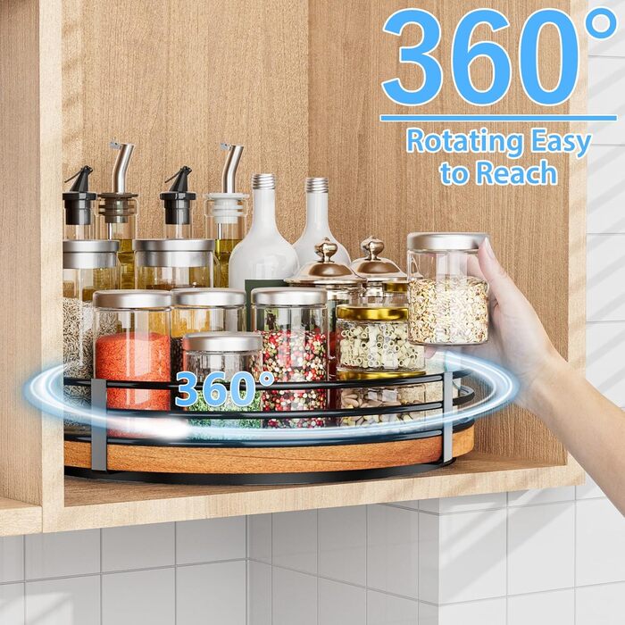 Wooden Lazy Susan Turntable Organizer, round, for cabinet, kitchen, countertop, pantry, dining table, bathroom, cafe, bar, spice storage, home decor