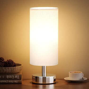 Нічна лампа Kakanuo з 3 колірними температурами, біла торшер з вимикачем, льняний абажур, маленька лампа для вітальні, спальні, офісу, дитячої кімнати (LED лампа в комплекті), біло-чорний колір (білий+срібний)