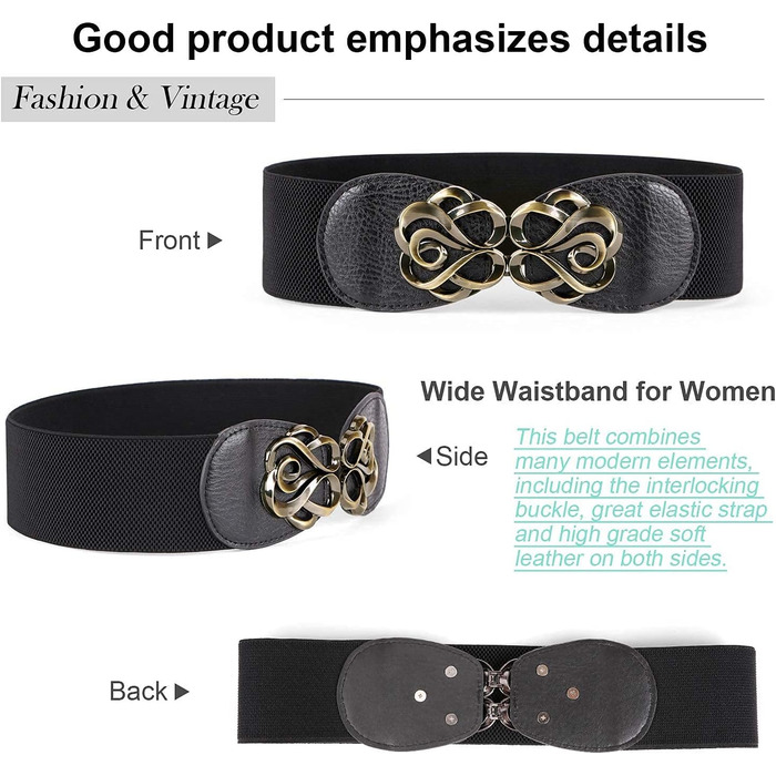 Жіночий широкий еластичний пояс JasGood (4 шт.): шкіряний стрейч для суконь, чорний, коричневий, сірий, бежевий, розмір 71-87 см