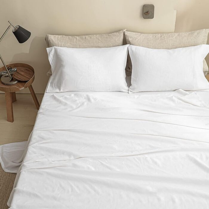 Simple&Opulence Linen Sheet Set 100% Linen Bedding, Ultra-Soft, Breathable Bed Sheets for Farmhouse Style, Only 1 Fitted Sheet (269cm x 295 cm, White)