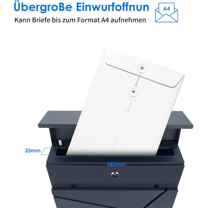 Поштовий ящик Bobodeco Dreispitz антрацит RAL 7016 з оглядовим вікном та газетницею, замок