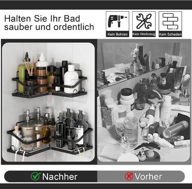 Набір кутових поличок для душу без свердління, 3 шт. з мильничкою, чорного кольору. Організатор для ванної кімнати з 12 гачками. Підходить для ванної та кухні.